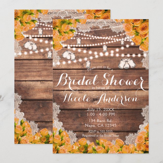 Rustic Wood Lace Yellow Rose Elegant Bridal Shower Invitation (Front/Back)