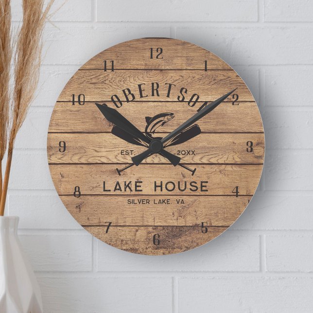 Rustic Wood Lake House Family Name Round Clock (Creator Uploaded)