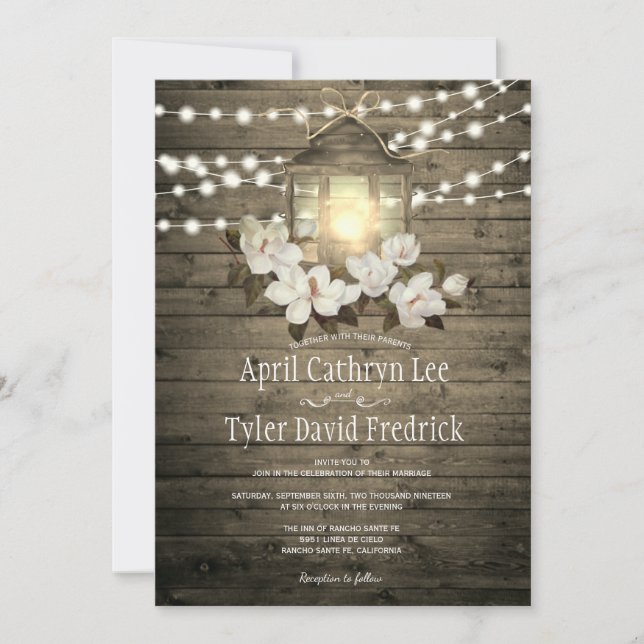 Rustic Wood Lantern Lights Magnolia Wedding Invitation (Front)