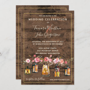 Rustic Wood Lanterns Country Coral Floral Wedding Invitation