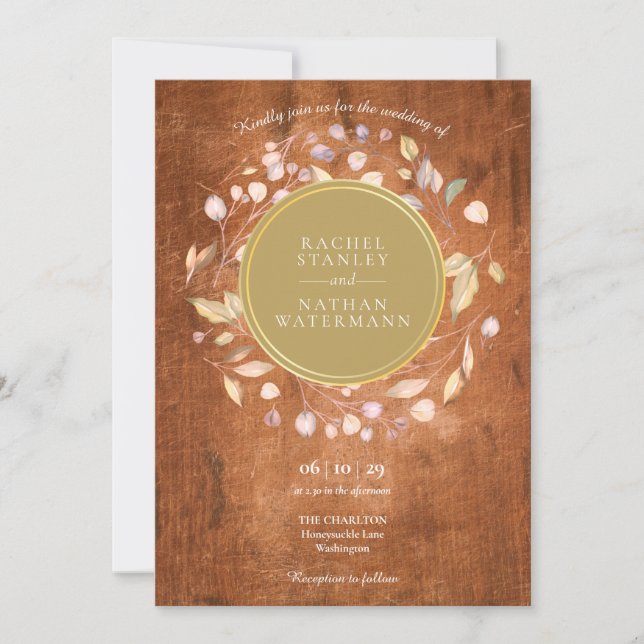 Rustic Wood Laurel Garland Faux Gold Foil Wedding Invitation (Front)