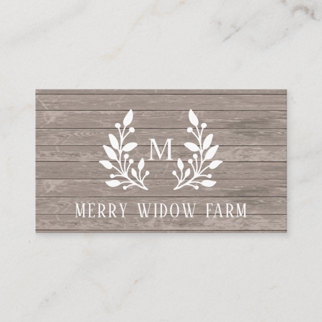 Rustic Wood  Laurel Monogrammed  Business Card (Front)