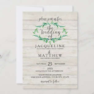 Rustic Wood Laurel Wreath Modern Typography Script Invitation