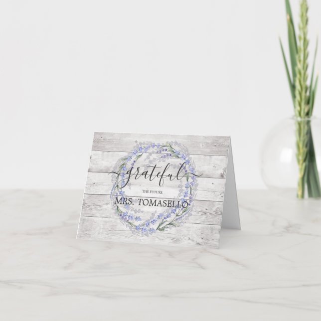 Rustic Wood Lavender Bridal Shower Thank You Card (Front)
