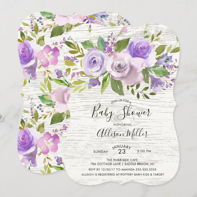 Rustic Wood Lavender Floral Baby Shower Invitation (Front/Back)
