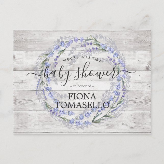 Rustic Wood Lavender Floral Wreath Baby Shower Invitation Postcard (Front)