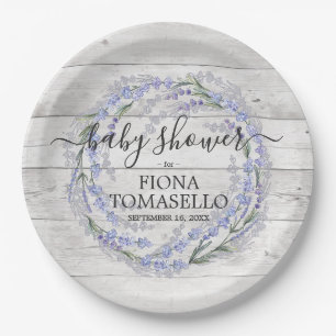 Rustic Wood Lavender Floral Wreath Baby Shower Paper Plate