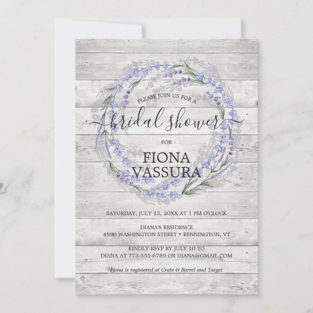 Rustic Wood Lavender Floral Wreath Bridal Shower Invitation (Front)