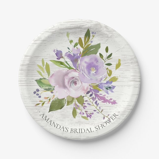 Rustic Wood Lavender Flowers Shower 7" Plate (Front)