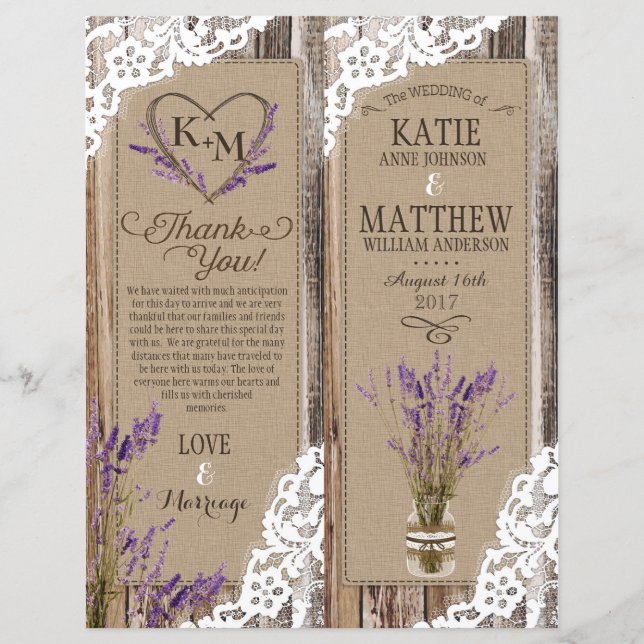 Rustic Wood Lavender Lace Floral Program Card (Front)