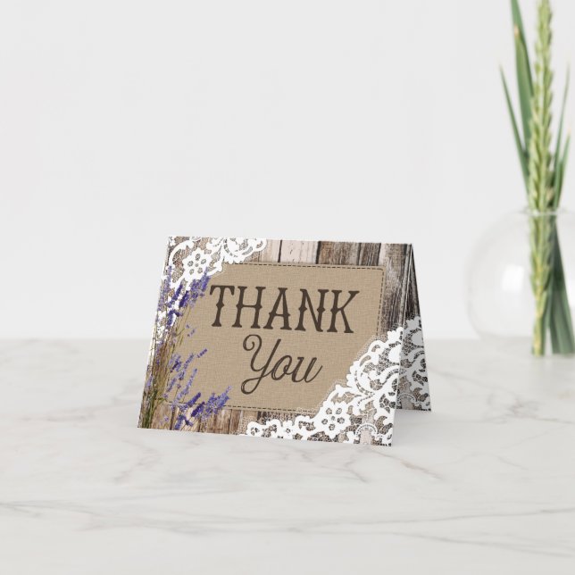 Rustic Wood Lavender Lace Thank You Card (Front)