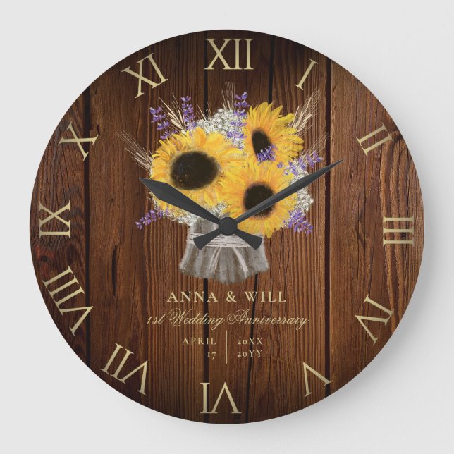 Rustic Wood Lavender Sunflower Wedding Anniversary Large Clock (Front)