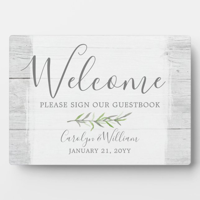 Rustic Wood & Leaf Welcome Wedding Guestbook Sign Plaque (Front)
