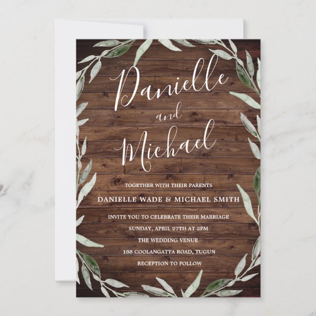 Rustic Wood Leaf Wreath Barn Wedding Invitation (Front)