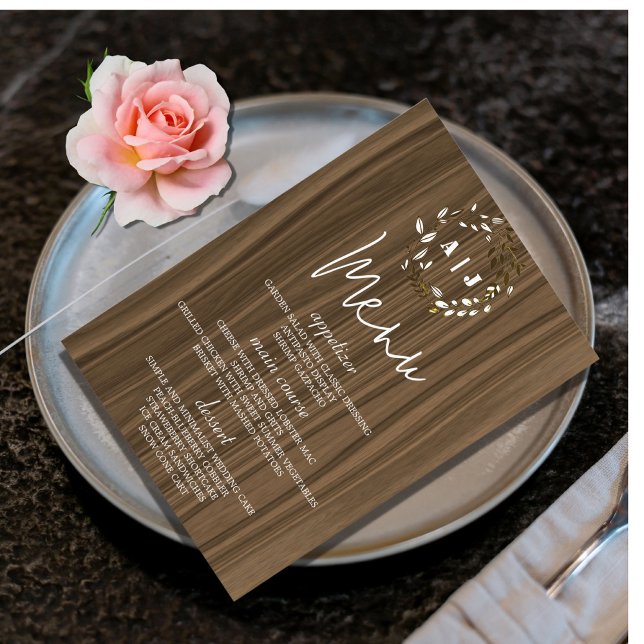 Rustic Wood Leaf Wreath Wedding Table Menu Cards (Creator Uploaded)