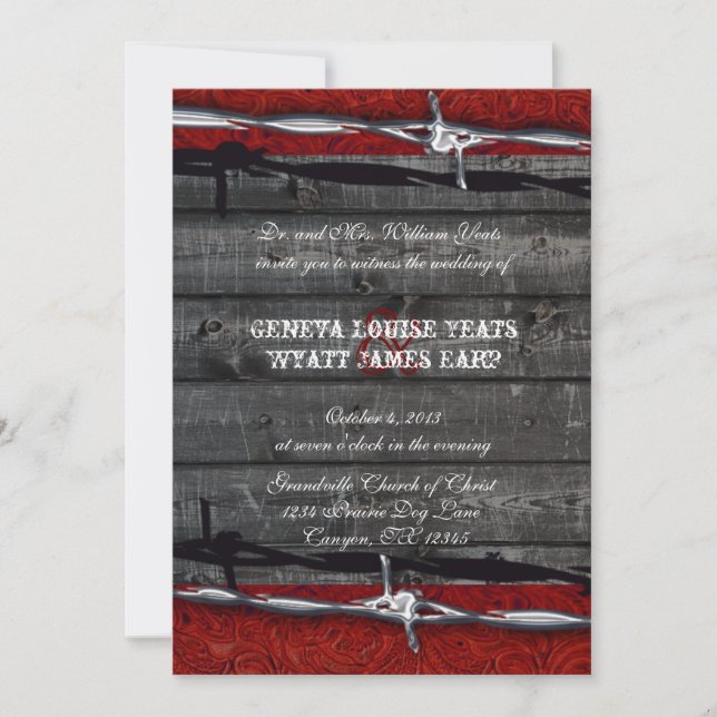Rustic Wood Leather Barbed Wire Cowboy Wedding Invitation (Front)