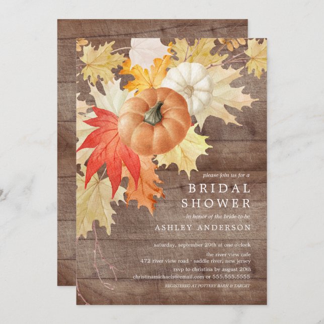 Rustic Wood Leaves & Pumpkins Autumn Bridal Shower Invitation (Front/Back)