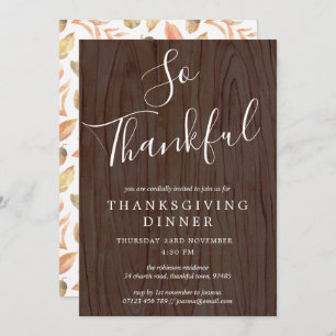 Rustic Wood & Leaves Script Thanksgiving Dinner Invitation