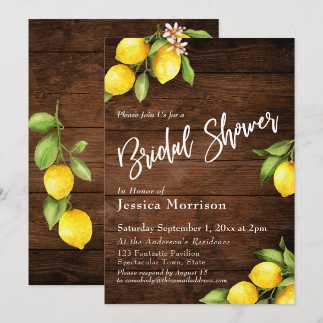 Rustic Wood & Lemons Bridal Shower Typography Invitation (Front/Back)