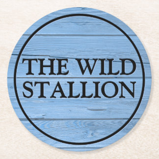 Rustic Wood Light Blue Faux Engraved Name Bar Round Paper Coaster