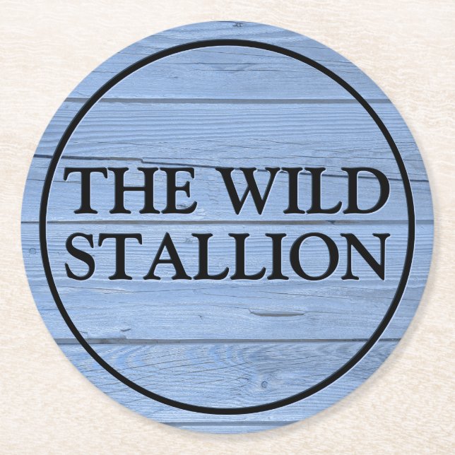 Rustic Wood Light Blue Faux Engraved Name Bar Round Paper Coaster (Front)