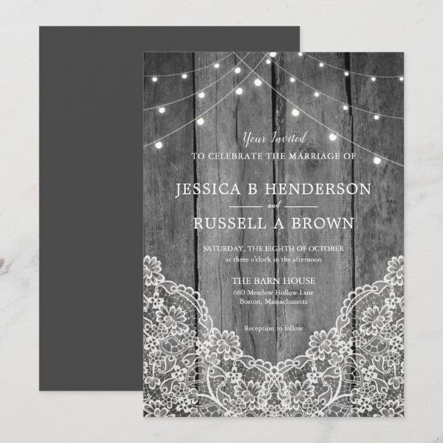 Rustic Wood Light Lace B&W Wedding Invitation (Front/Back)