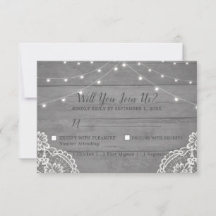 Rustic Wood Light Lace Wedding RSVP Card