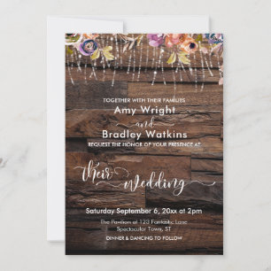 Rustic Wood, Light Strings & Flowers Wedding Invitation