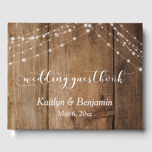 Rustic Wood & Light Strings Wedding Guest Book (Front)