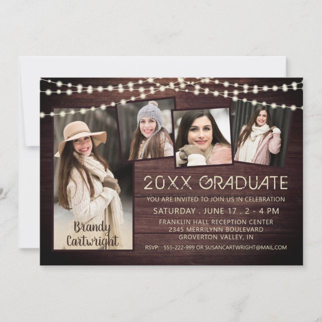 Rustic Wood Lights 5 Photo Collage Graduation Invitation (Front)
