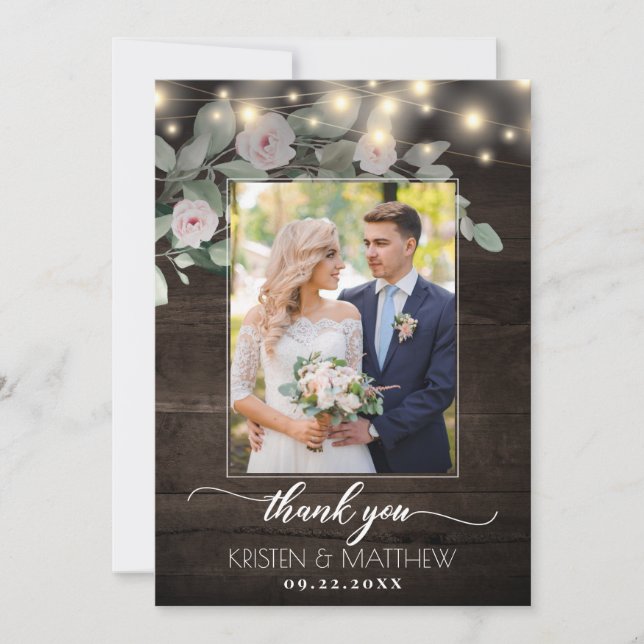 Rustic Wood Lights Boho Greenery Photo Wedding Thank You Card (Front)