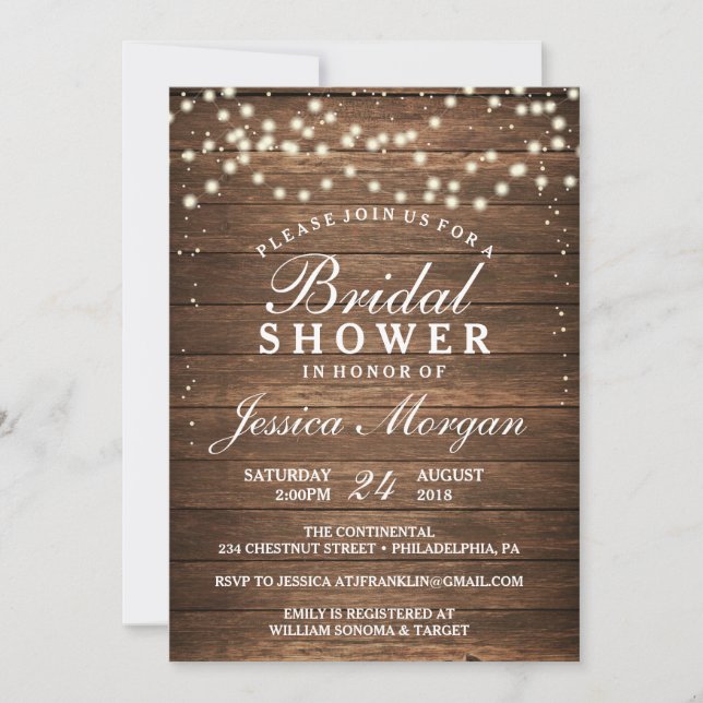 Rustic Wood & Lights Bridal Shower Invitation (Front)