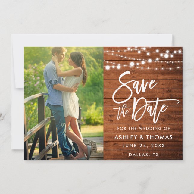Rustic Wood Lights Brush Script Photo Save The Date (Front)