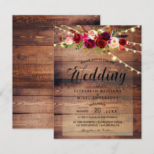 Rustic Wood Lights & Burgundy Floral Wedding Invitation