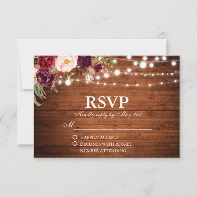 Rustic Wood Lights Burgundy Floral Wedding RSVP Card (Front)