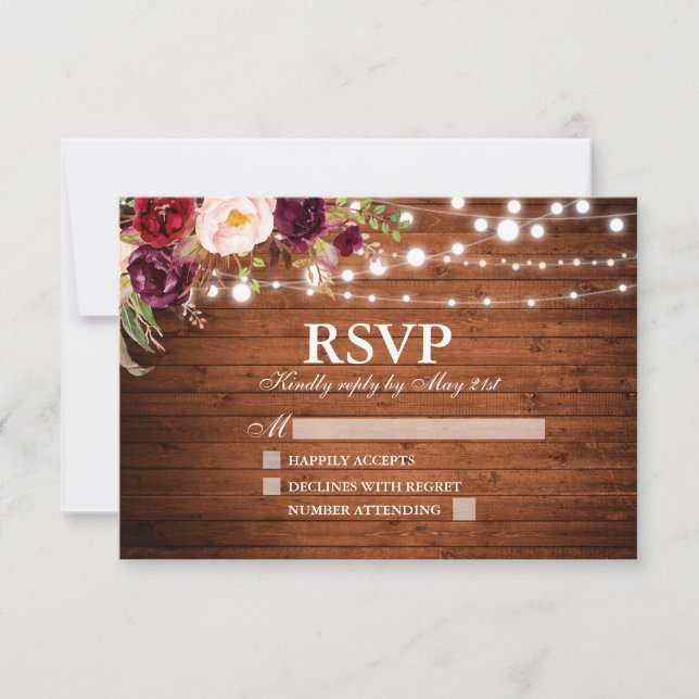Rustic Wood Lights Burgundy Floral Wedding RSVP Card (Front)