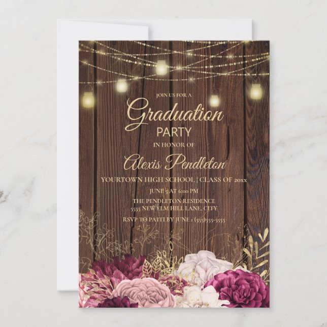 Rustic Wood Lights Burgundy Pink Floral Graduation Invitation (Front)