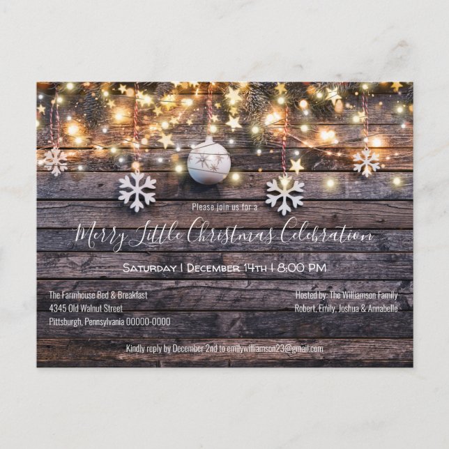Rustic  Wood & Lights Christmas Party Invitation Postcard (Front)