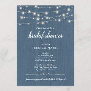 Rustic Wood Lights Dusty Blue Bridal Shower Invitation