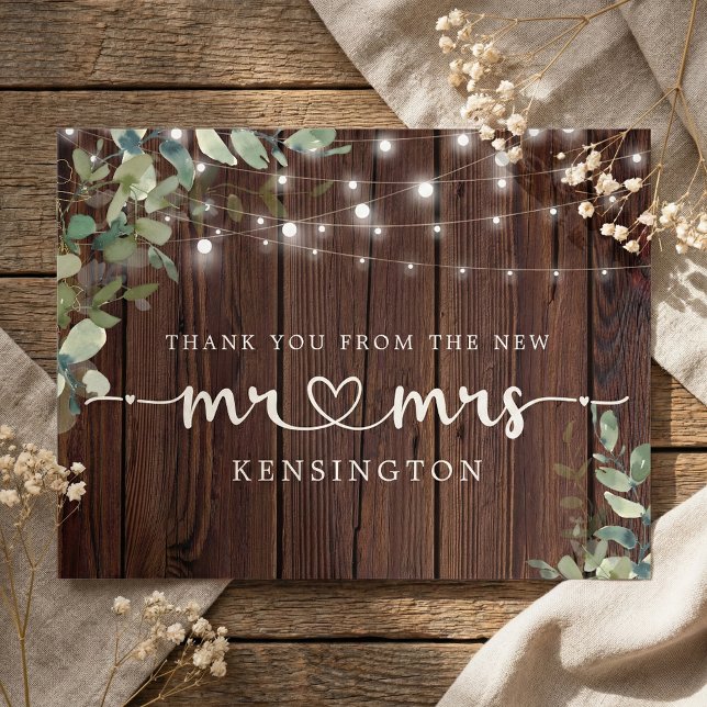 Rustic Wood Lights Eucalyptus New Mr Mrs Thank You Postcard (Creator Uploaded)
