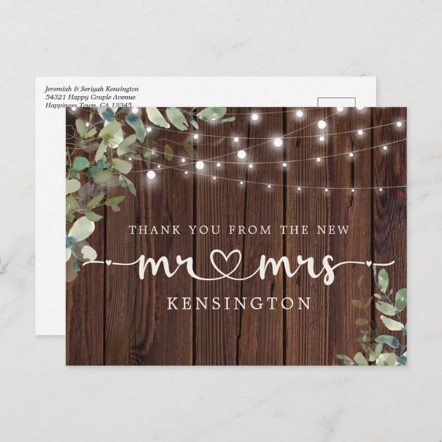 Rustic Wood Lights Eucalyptus New Mr Mrs Thank You Postcard (Front/Back)