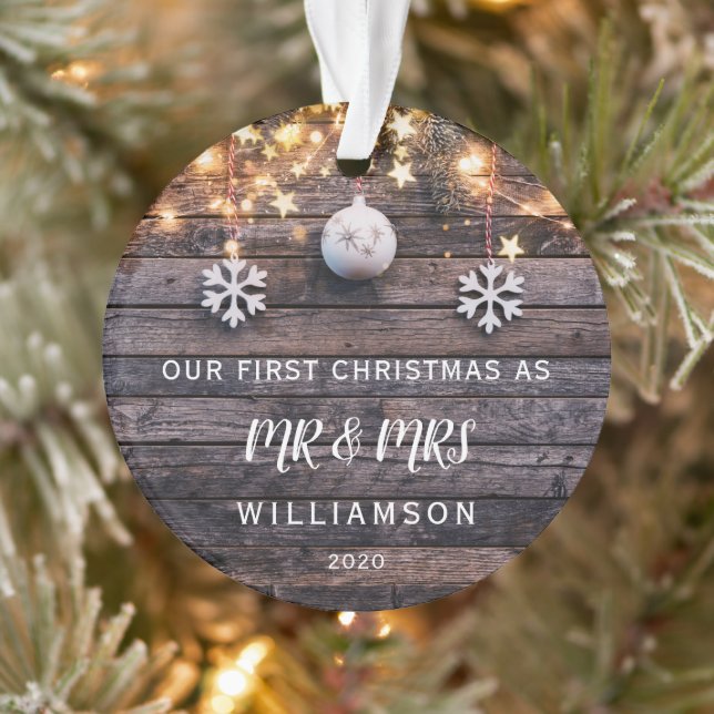 RUSTIC WOOD LIGHTS FIRST CHRISTMAS PHOTO CUSTOM ORNAMENT (Tree)