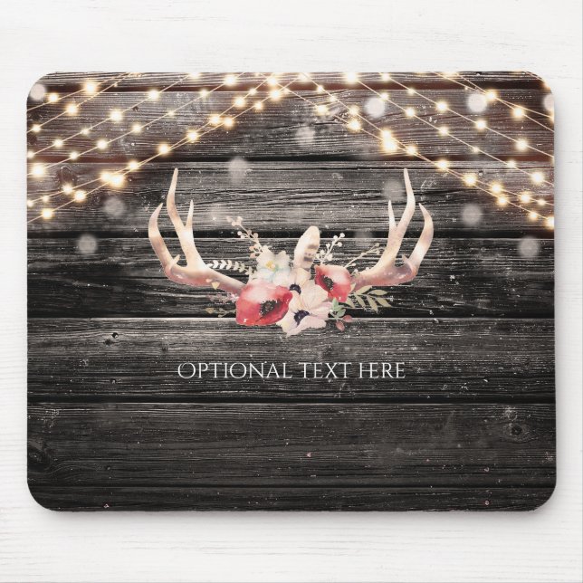 Rustic Wood & Lights Floral Antlers Boho Chic Glam Mouse Mat (Front)
