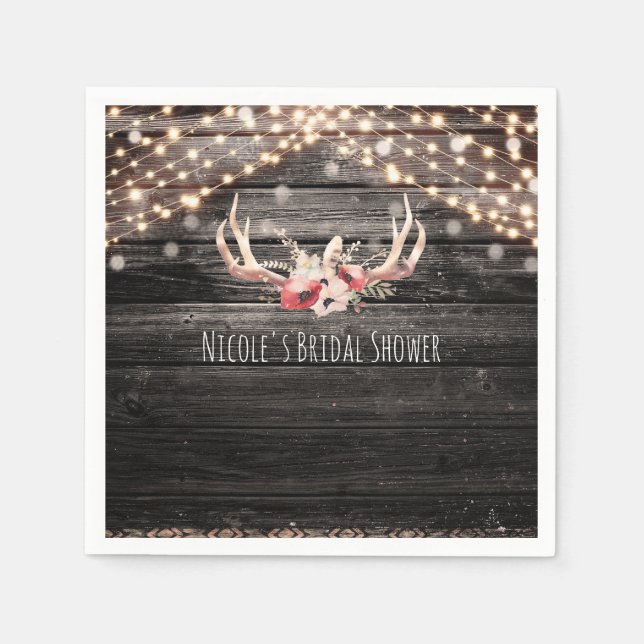 Rustic Wood & Lights Floral Antlers Boho Chic Glam Napkin (Front)