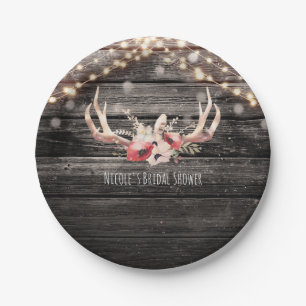 Rustic Wood & Lights Floral Antlers Boho Chic Glam Paper Plate