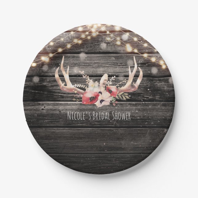 Rustic Wood & Lights Floral Antlers Boho Chic Glam Paper Plate (Front)