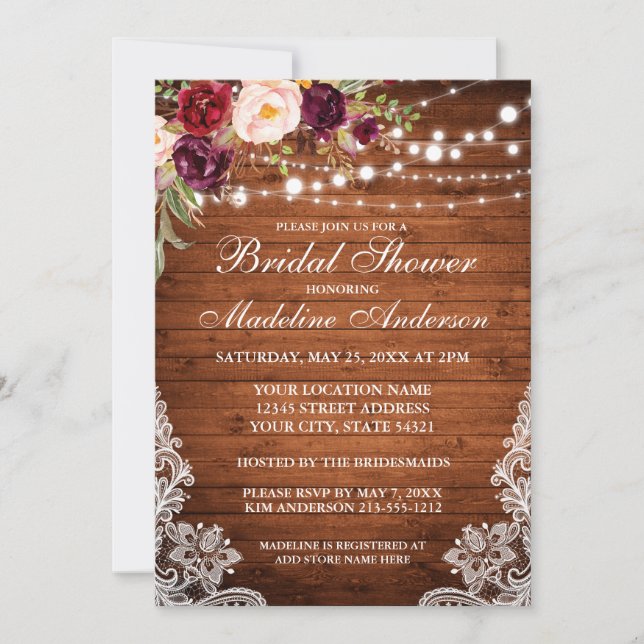Rustic Wood Lights Floral Lace Bridal Shower Invitation (Front)