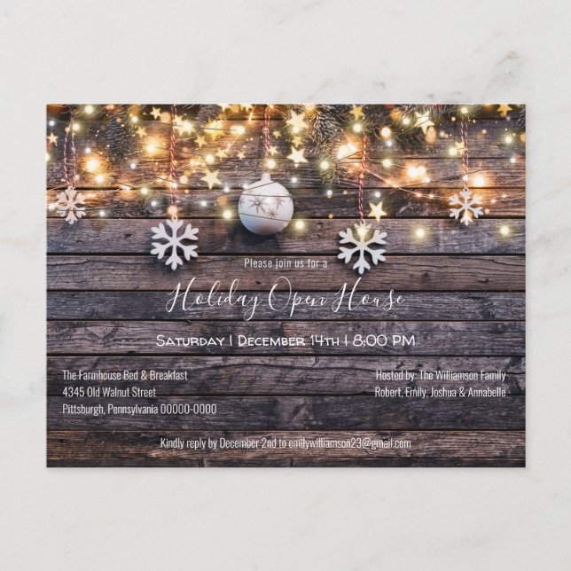 Rustic  Wood Lights Holiday Open House  Invitation Postcard (Front)