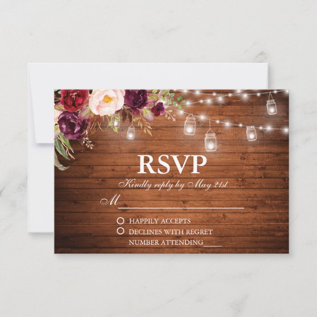Rustic Wood Lights Jars Floral Wedding RSVP (Front)
