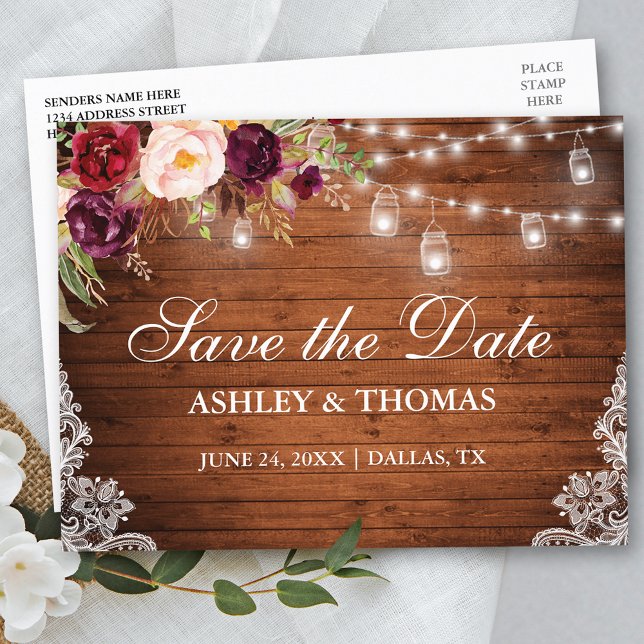 Rustic Wood Lights Jars Lace Floral Save the Date Announcement Postcard (Customize to change text size or text style.)